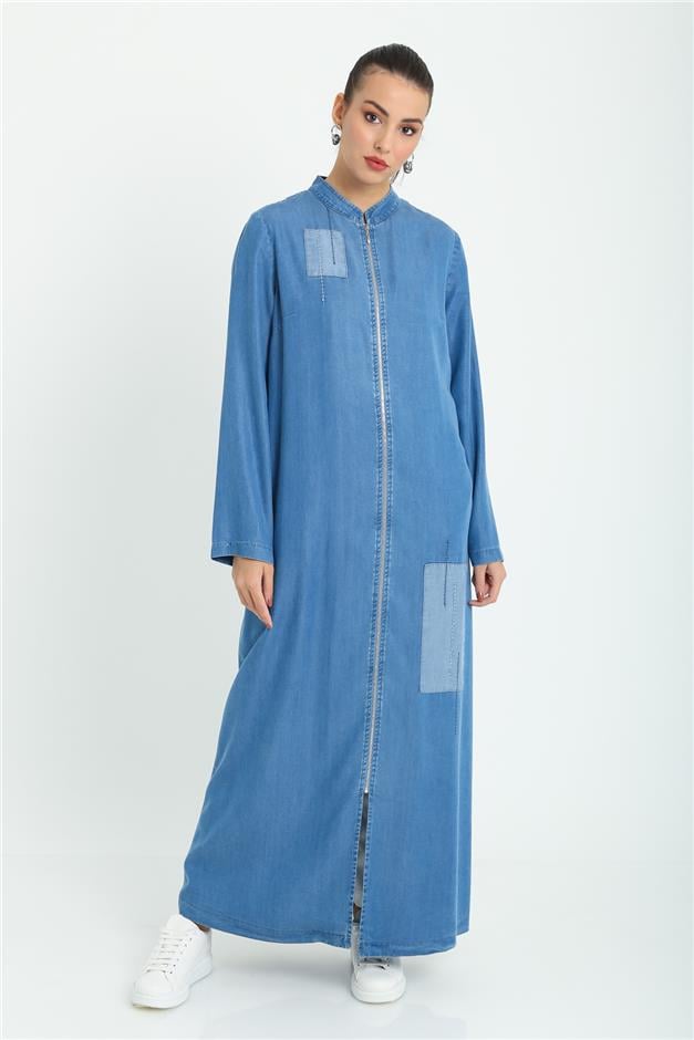 Tensel Denim İşlemeli Büyük Beden Astarsız Pardesü MAVİ 6174 - Olcay