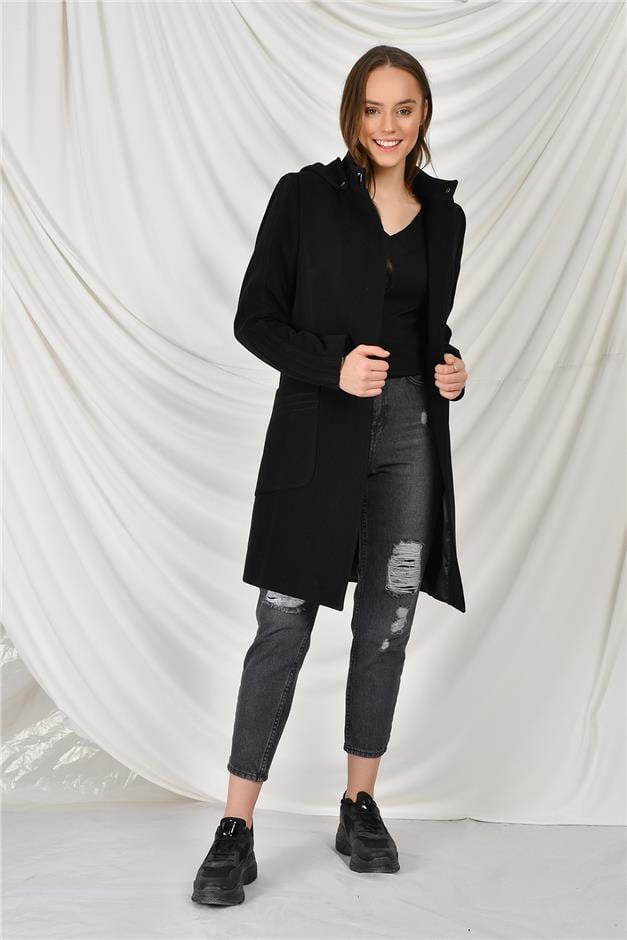 TORBA CEPLİ DİKİŞ DETAYLI KAPŞONLU KABAN SİYAH 3563