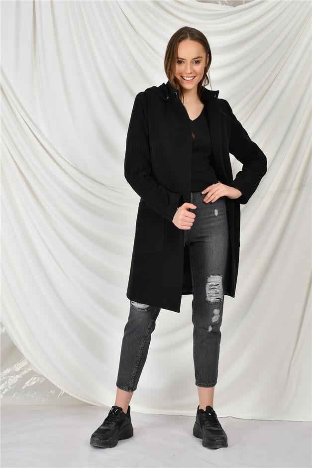 TORBA CEPLİ DİKİŞ DETAYLI KAPŞONLU KABAN SİYAH 3563