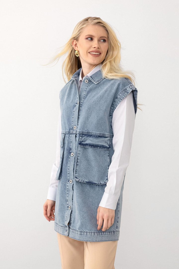 Torba Cepli Düğme Kapamalı Oversize Denim Yelek MAVİ 8252