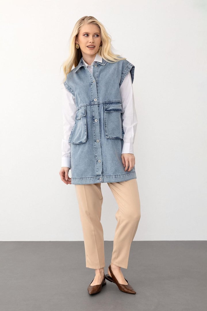 Torba Cepli Düğme Kapamalı Oversize Denim Yelek MAVİ 8252