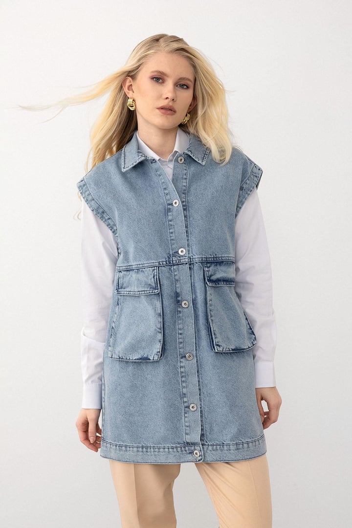 Torba Cepli Düğme Kapamalı Oversize Denim Yelek MAVİ 8252