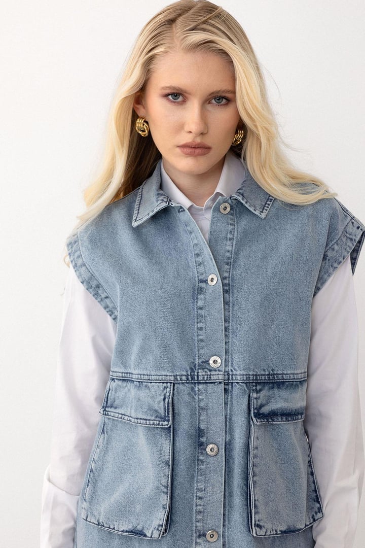 Torba Cepli Düğme Kapamalı Oversize Denim Yelek MAVİ 8252