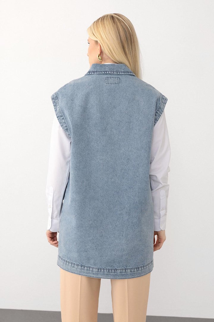 Torba Cepli Düğme Kapamalı Oversize Denim Yelek MAVİ 8252