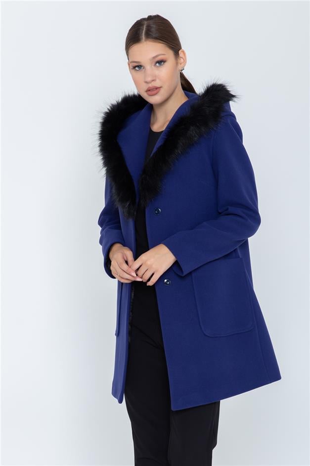 TORBA CEPLİ KAPŞONU KÜRKLÜ KABAN SAKS 3569