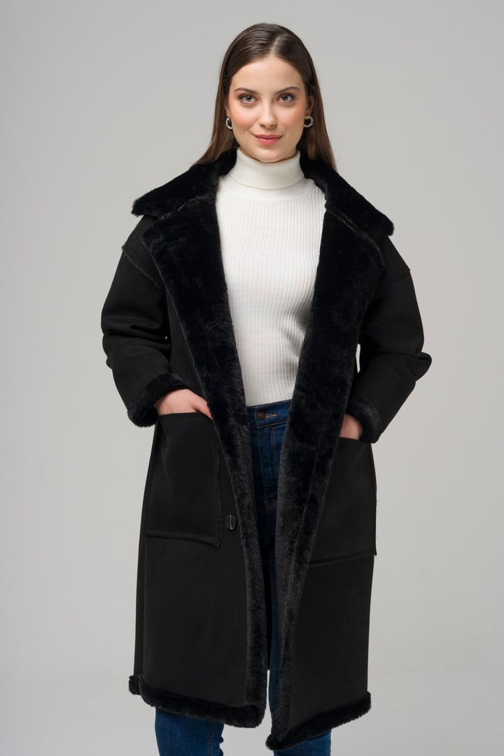 Torba Cepli Kruvaze Süet / Kürk Mont SİYAH 6496
