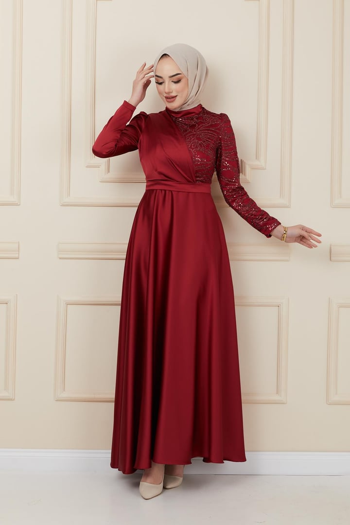Volan ve Payet Detaylı Saten Abiye Elbise BORDO 1626