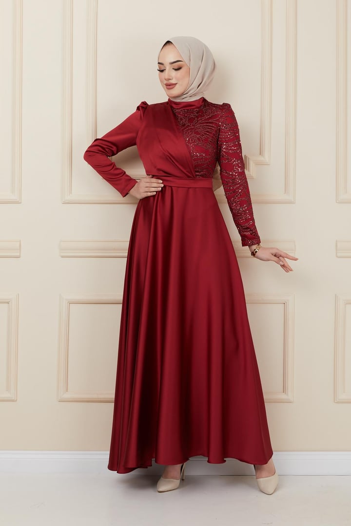 Volan ve Payet Detaylı Saten Abiye Elbise BORDO 1626