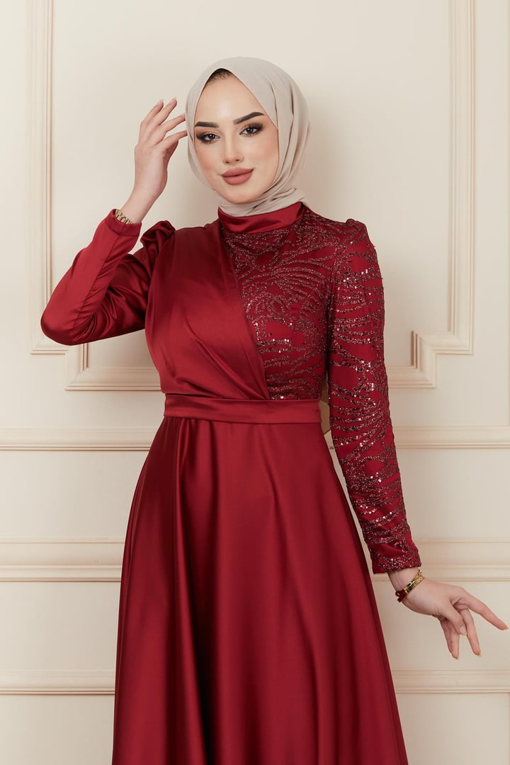 Volan ve Payet Detaylı Saten Abiye Elbise BORDO 1626