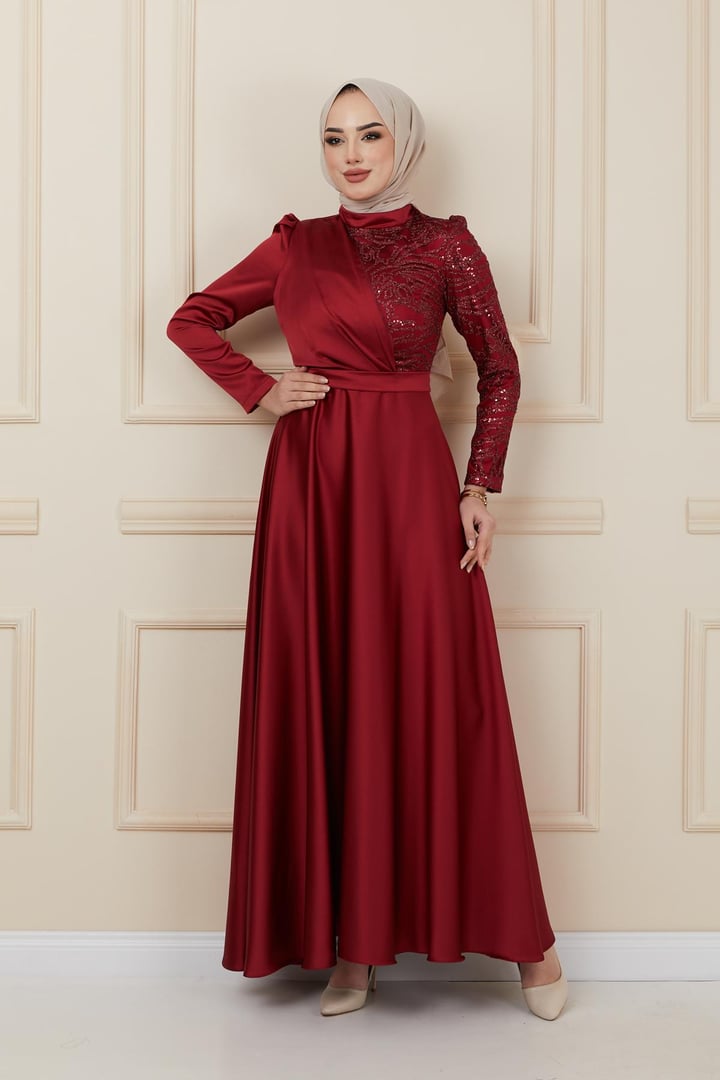 Volan ve Payet Detaylı Saten Abiye Elbise BORDO 1626
