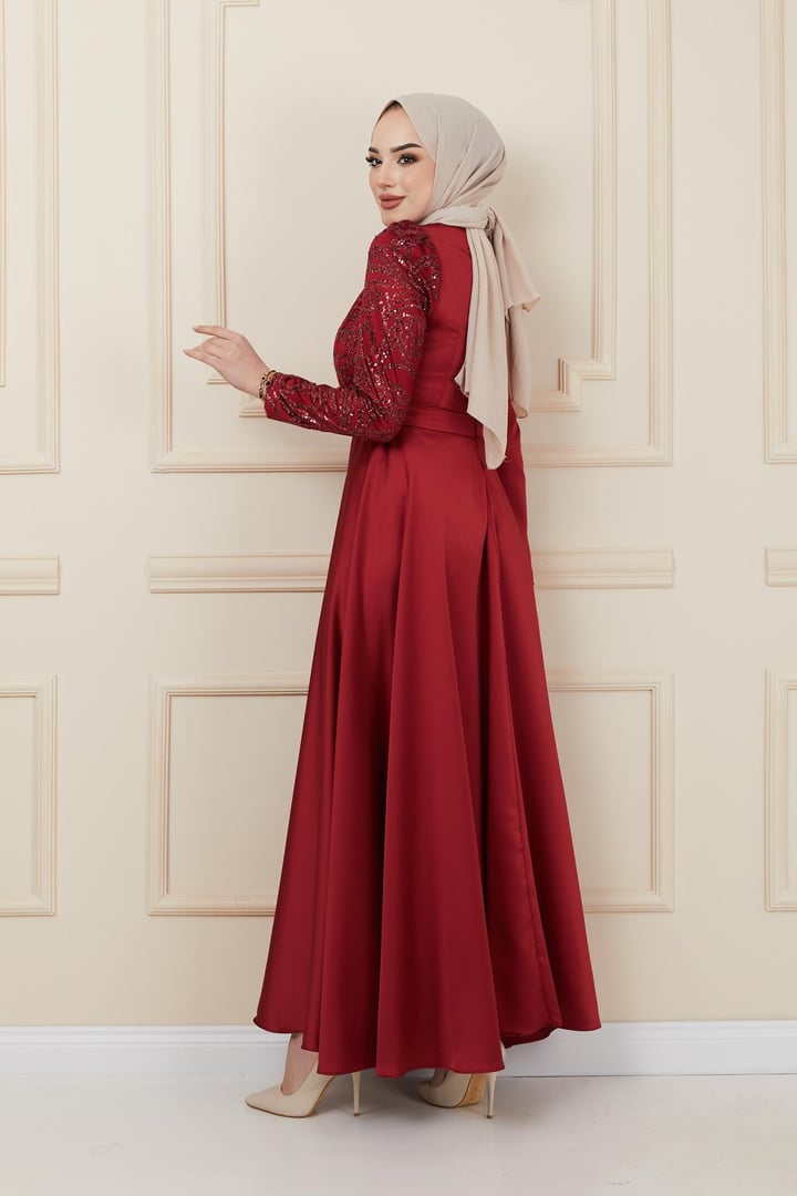 Volan ve Payet Detaylı Saten Abiye Elbise BORDO 1626
