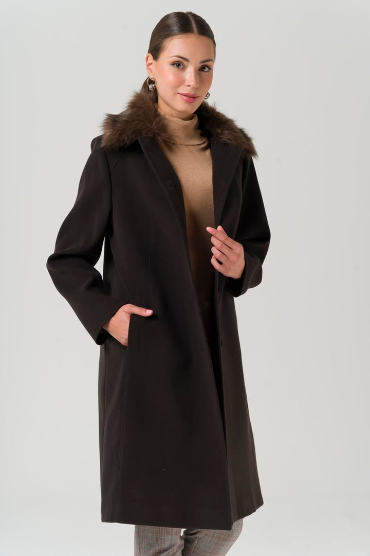 Yakası Çıkabilir Kürklü Büyük Beden Kaban KAHVE 3861