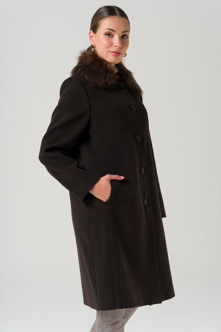 Yakası Çıkabilir Kürklü Büyük Beden Kaban KAHVE 3861