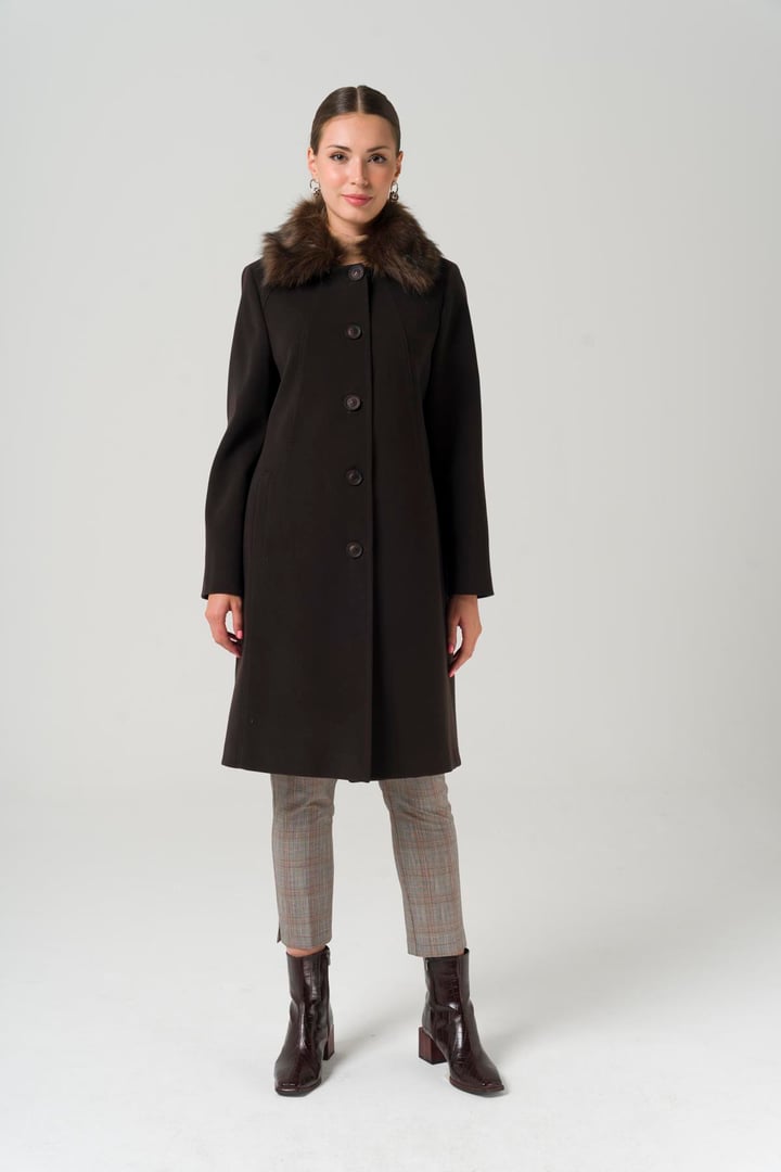 Yakası Çıkabilir Kürklü Büyük Beden Kaban KAHVE 3861