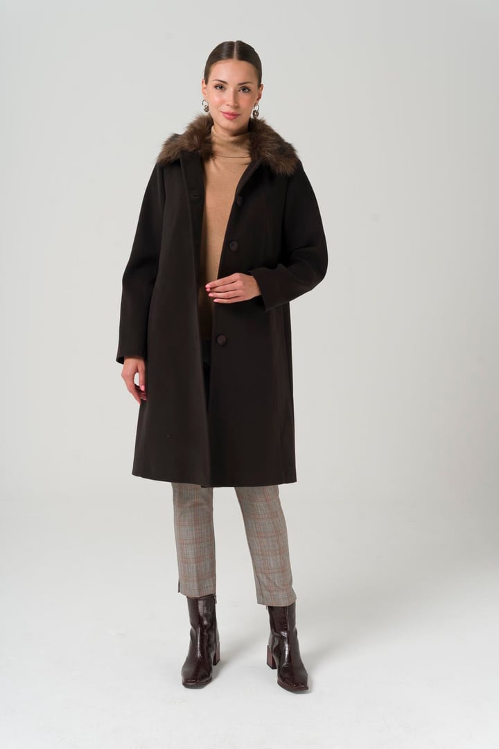 Yakası Çıkabilir Kürklü Büyük Beden Kaban KAHVE 3861