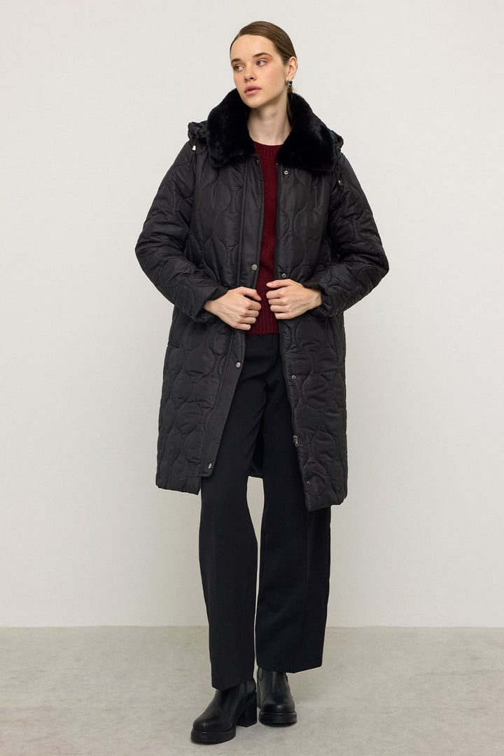 Quilted Coat with Detachable Hood and Zipper Closure, Fur Collar BLACK 6784