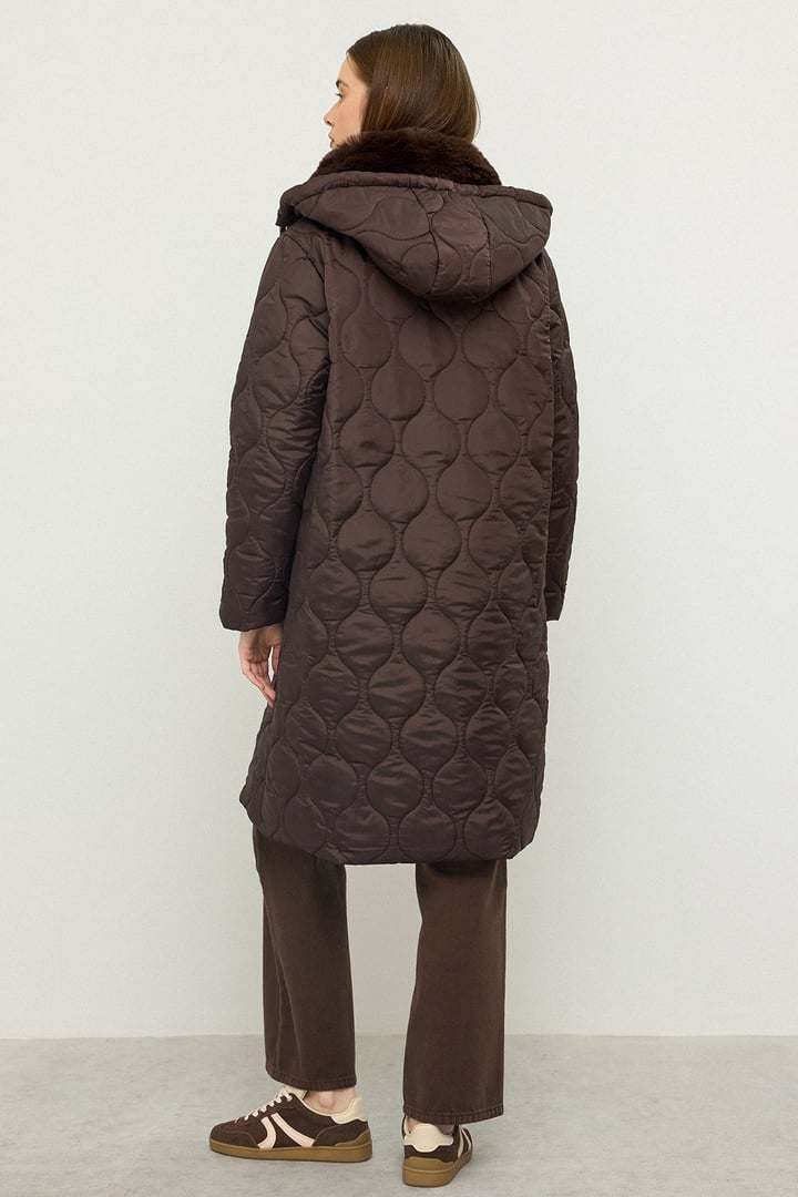 Quilted Coat with Detachable Hood and Zipper Closure, Fur Collar COFFEE 6784