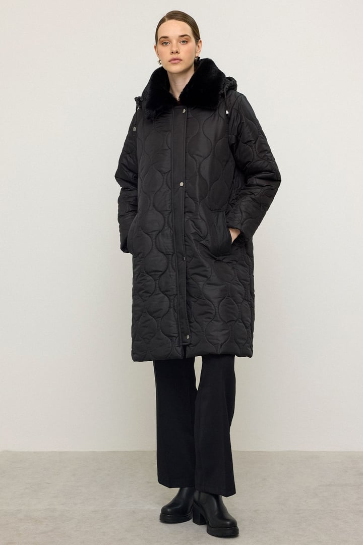 Quilted Coat with Detachable Hood and Zipper Closure, Fur Collar BLACK 6784