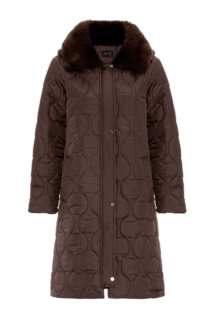 Quilted Coat with Detachable Hood and Zipper Closure, Fur Collar COFFEE 6784