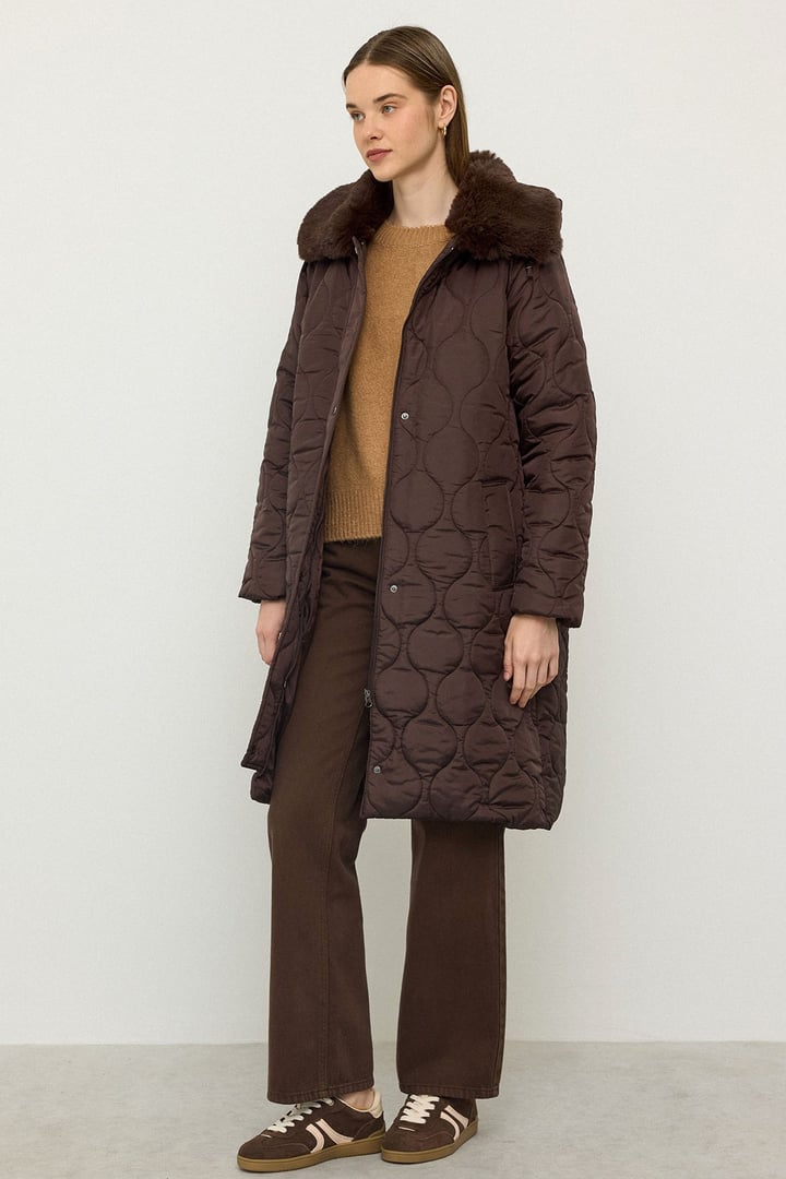Quilted Coat with Detachable Hood and Zipper Closure, Fur Collar COFFEE 6784
