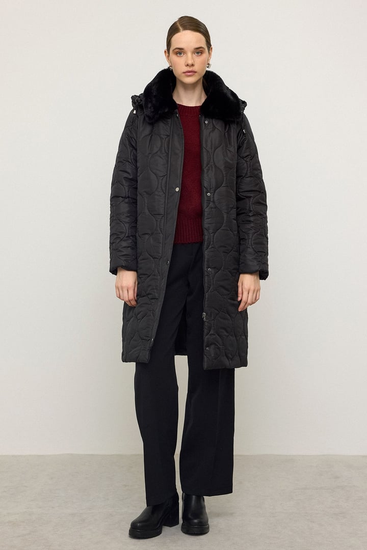 Quilted Coat with Detachable Hood and Zipper Closure, Fur Collar BLACK 6784