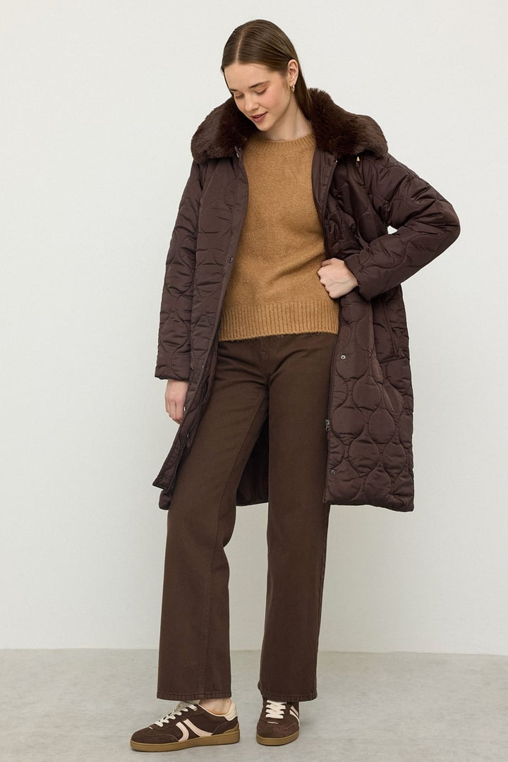 Quilted Coat with Detachable Hood and Zipper Closure, Fur Collar COFFEE 6784