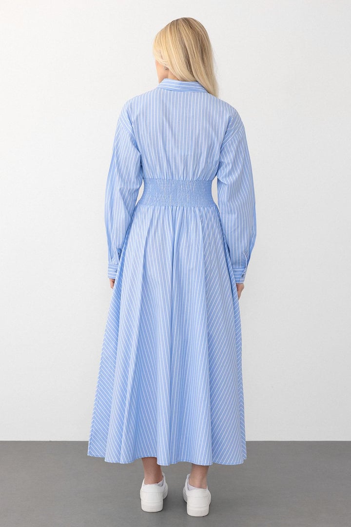 Yakası Taşlı Beli Lastikli Çizgili Poplin Elbise AÇIK MAVİ 9292-E