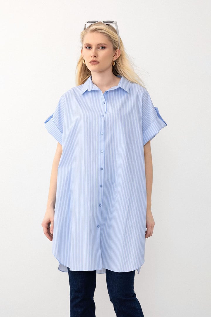 Yandan Yırtmaçlı Çizgili Poplin Tunik AÇIK MAVİ 9283
