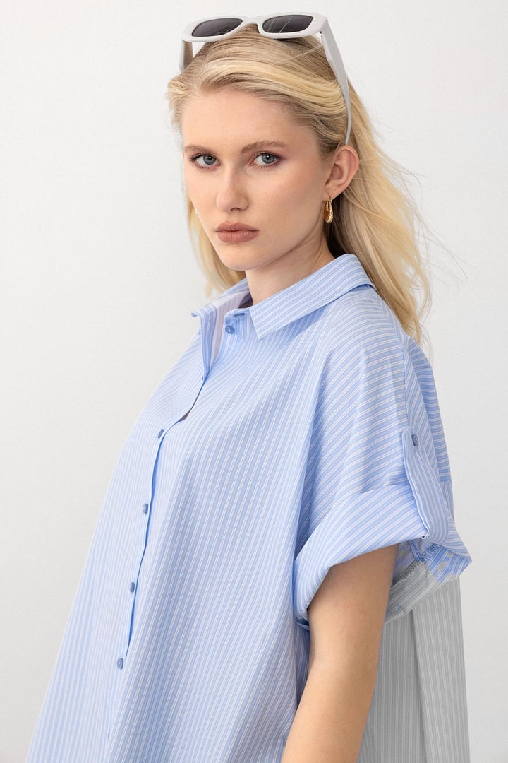 Yandan Yırtmaçlı Çizgili Poplin Tunik AÇIK MAVİ 9283