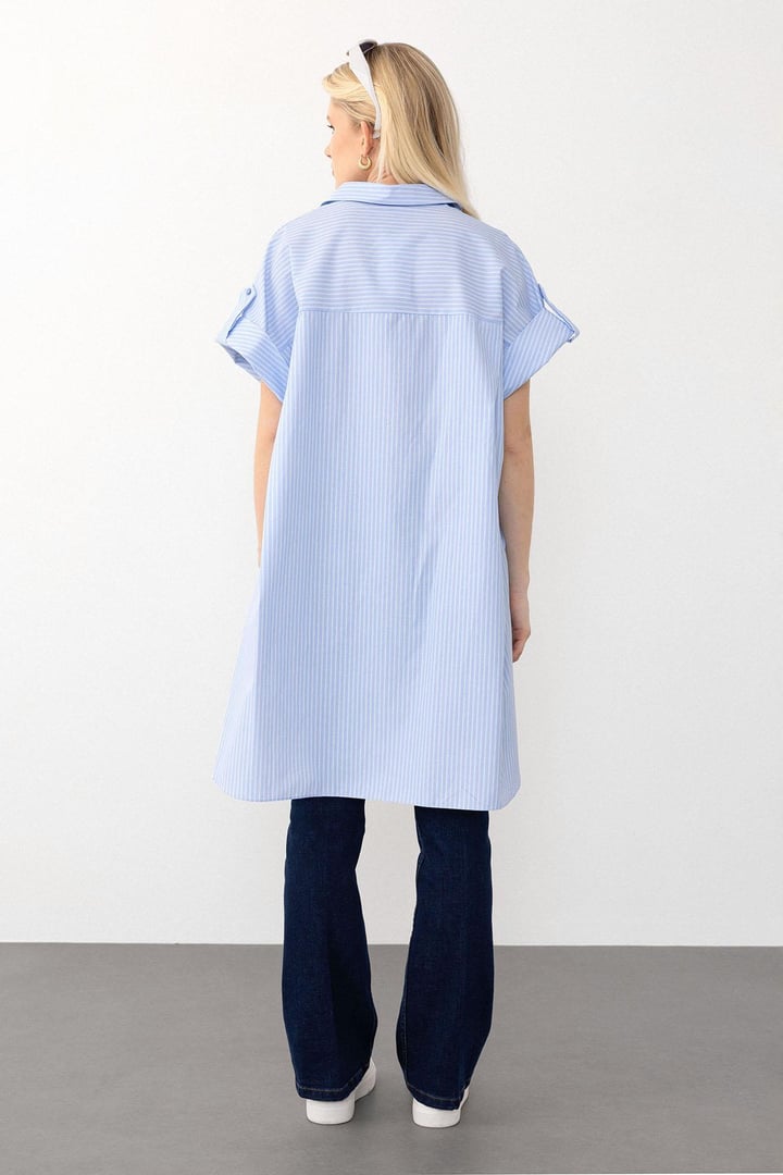 Yandan Yırtmaçlı Çizgili Poplin Tunik AÇIK MAVİ 9283