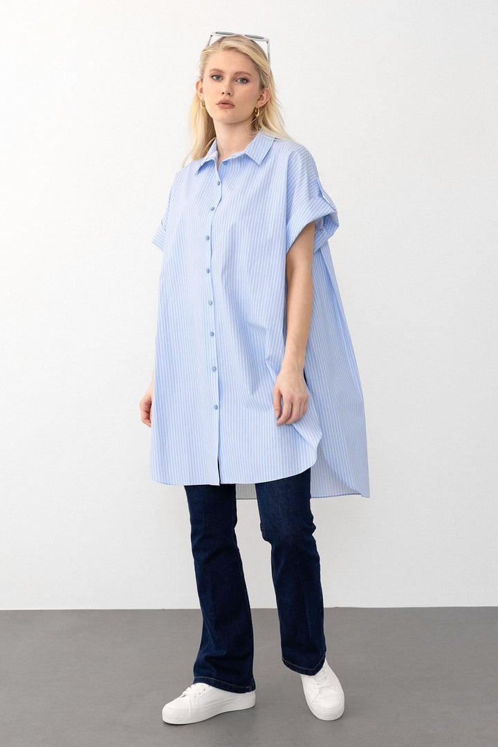 Yandan Yırtmaçlı Çizgili Poplin Tunik AÇIK MAVİ 9283