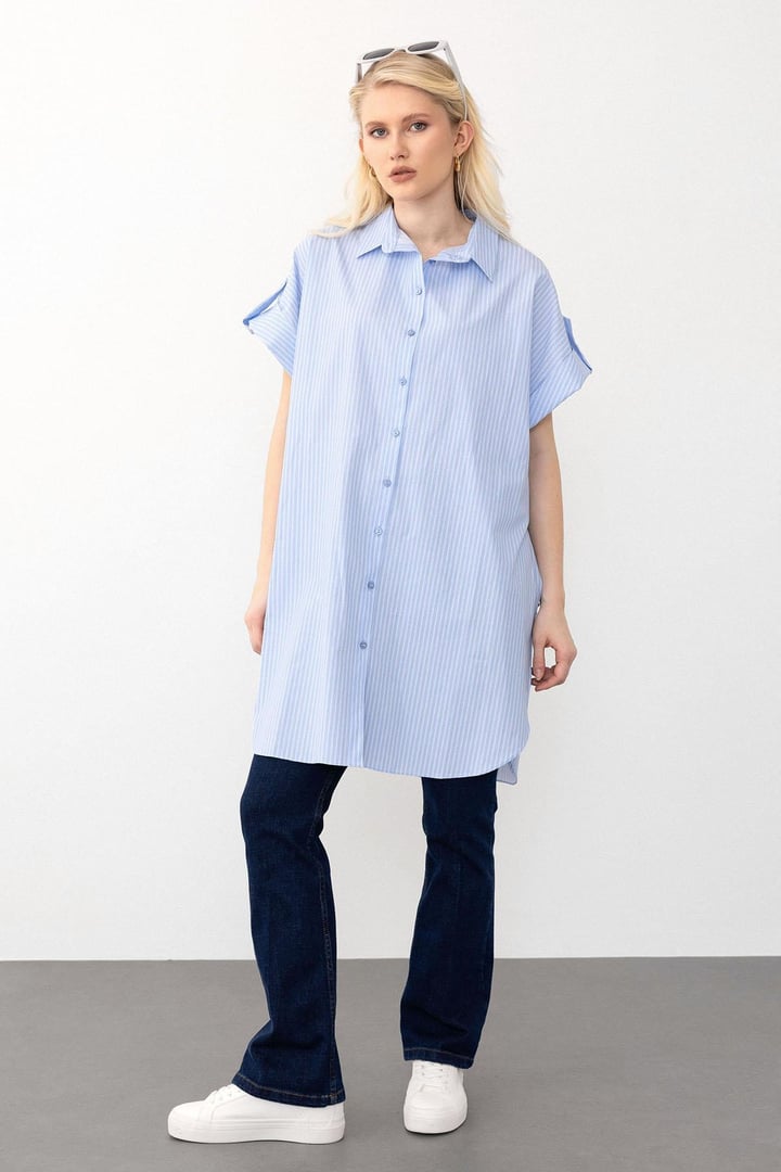 Yandan Yırtmaçlı Çizgili Poplin Tunik AÇIK MAVİ 9283