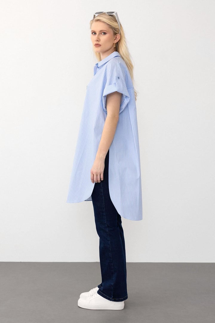 Yandan Yırtmaçlı Çizgili Poplin Tunik AÇIK MAVİ 9283