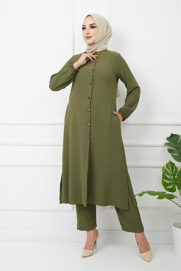 Yandan Yırtmaçlı Sırtı Pilikaşe Detaylı Uzun Tunik Pantolon Takım HAKİ 9182