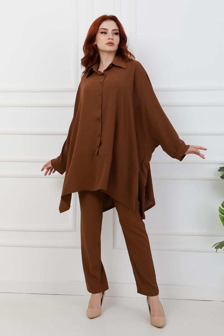 Yarasa Kol Yandan Yırtmaçlı Pantolon Tunik Takım K. KAHVE 9203