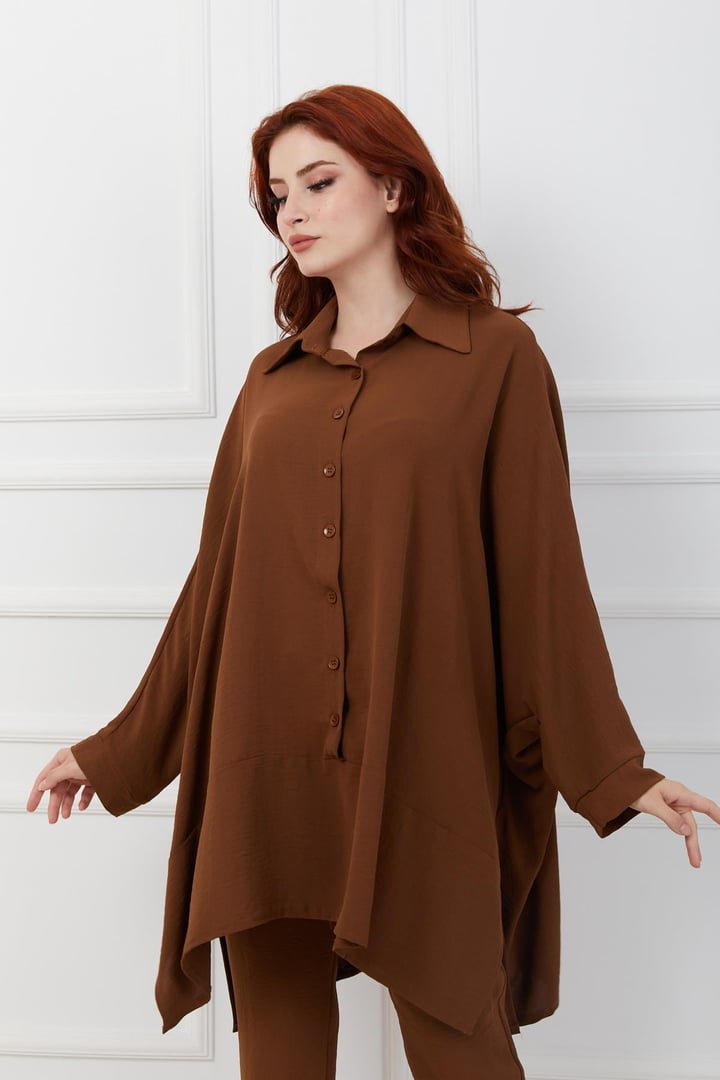 Yarasa Kol Yandan Yırtmaçlı Pantolon Tunik Takım K. KAHVE 9203