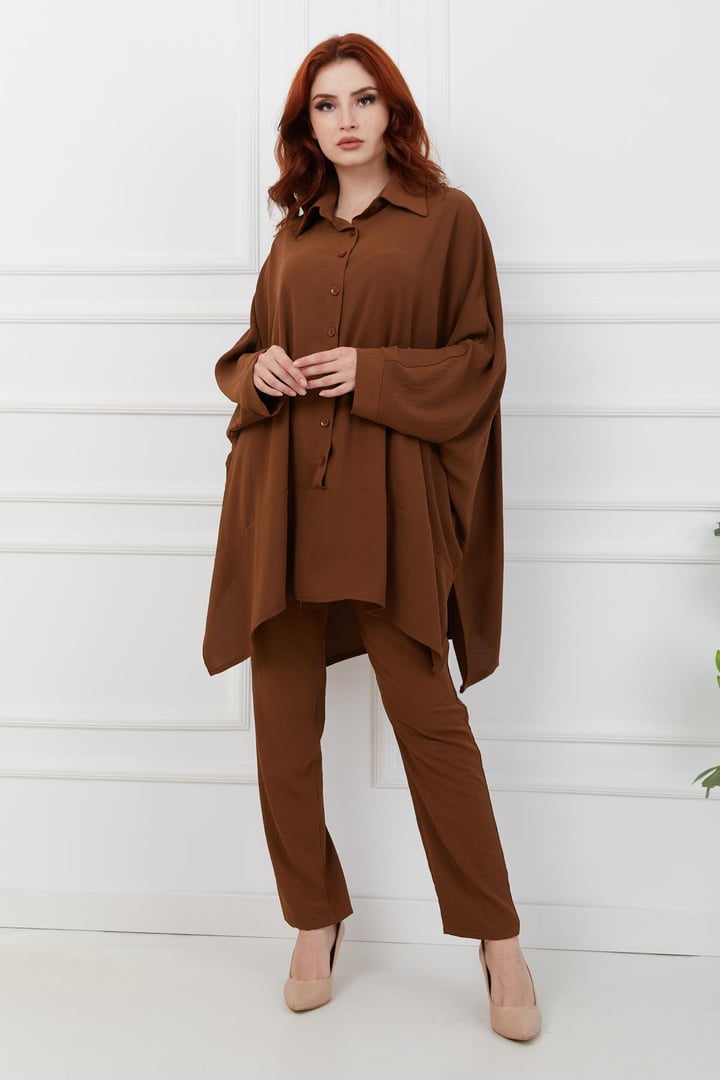 Yarasa Kol Yandan Yırtmaçlı Pantolon Tunik Takım K. KAHVE 9203