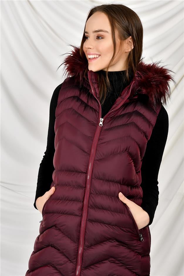 ZİKZAK DİKİŞLİ YAKASI KÜRKLÜ ŞİŞME YELEK BORDO 8173