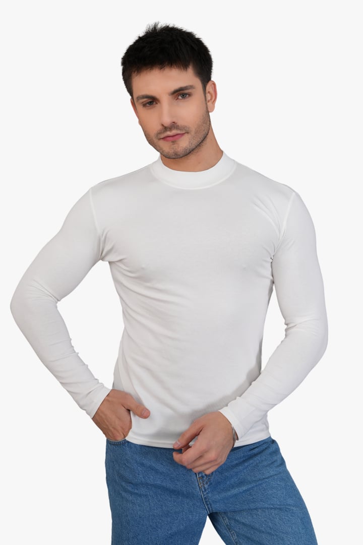 Erkek Dik Yaka Slim Fit Pamuk Likra Tişört-Off White