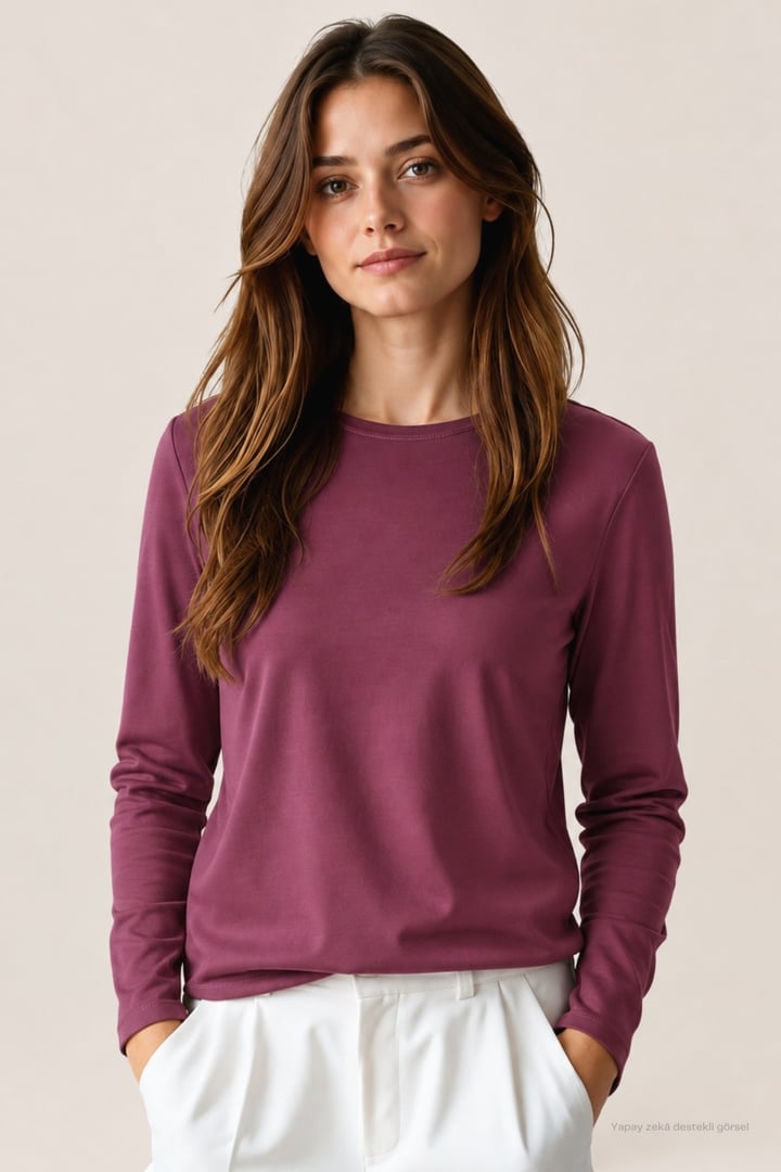 Kadın Viskon Tişört -Mürdüm