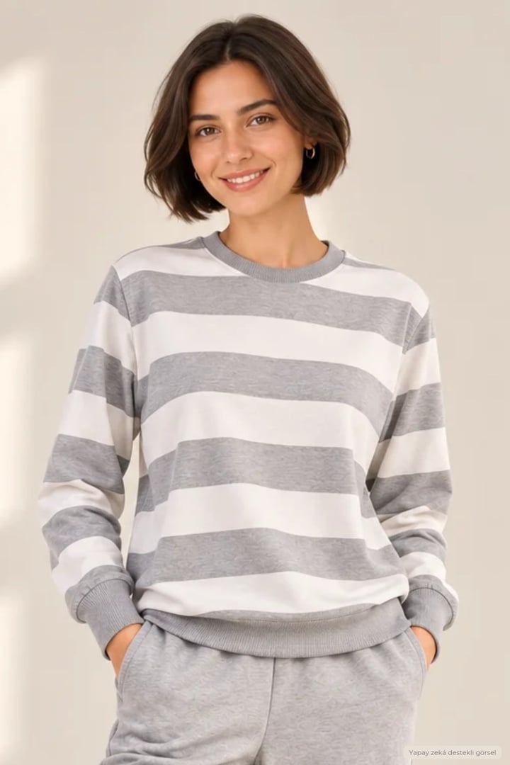 Kadın Bisiklet Yaka Sweatshirt Normal Kalıp Uzun Kollu-Gri Çizgili