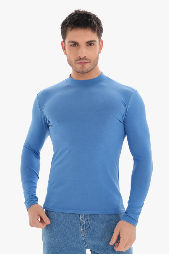 Erkek Dik Yaka Slim Fit Pamuk Likra Tişört-Koyu Mavi