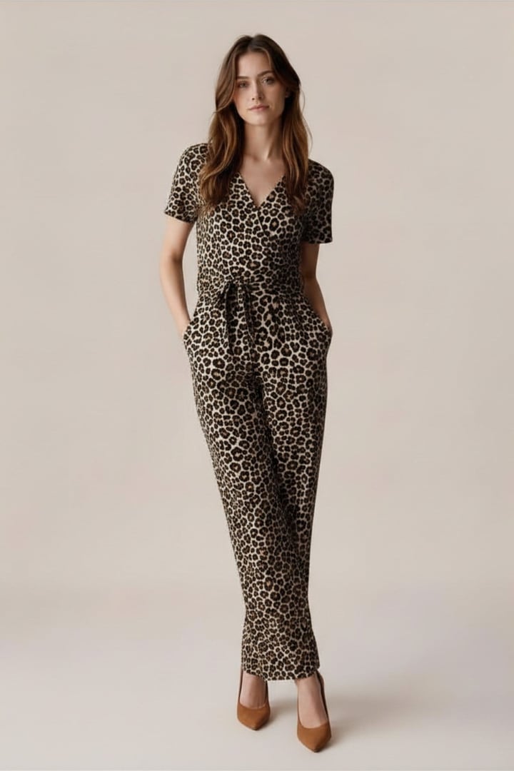 Kadın Krep Beli Kemerli ve Fermuarlı Tulum-Leopar