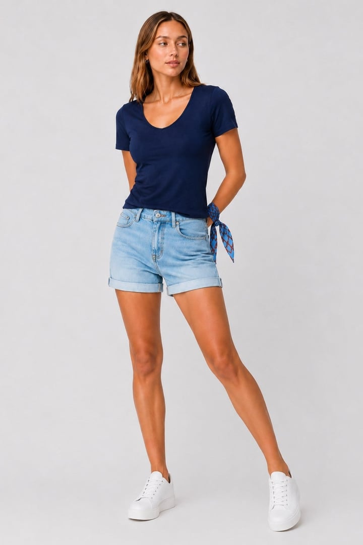 V Yaka Slim Fit Crop Tişört-Lacivert
