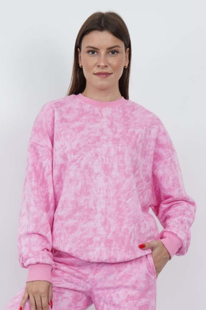 Valeria Kadın 3 İplik Şardonsuz Pamuk Oversize Bisiklet Yaka Sweatshirt-Pembe Baskılı