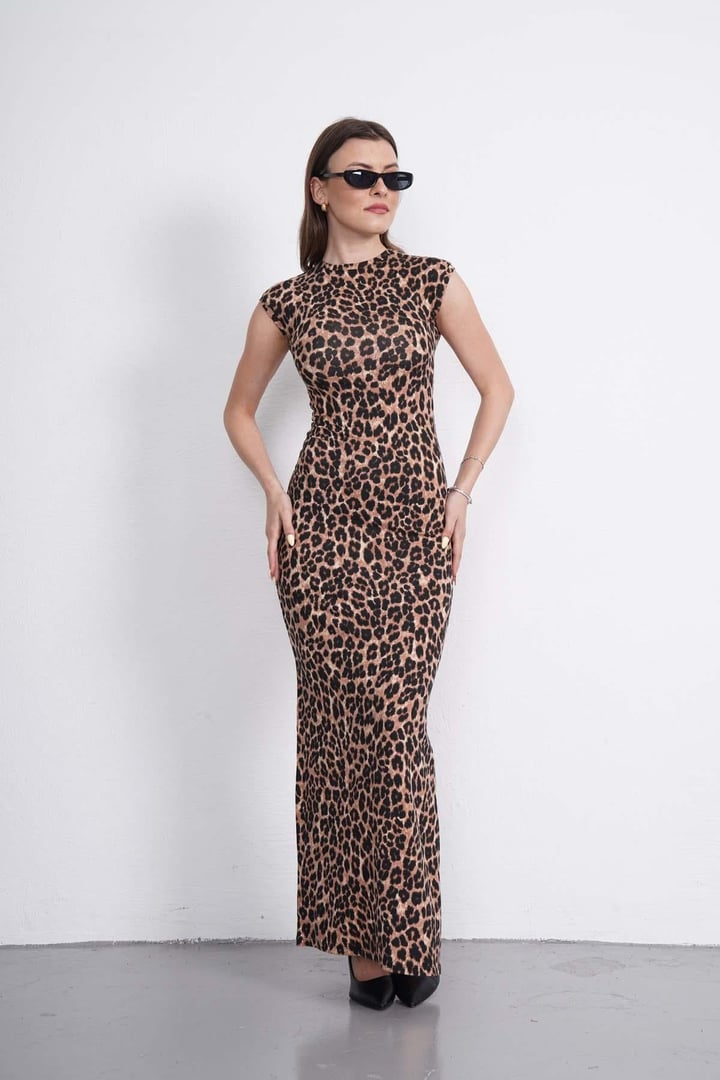 Leopar Desen Uzun Elbise-Leopar