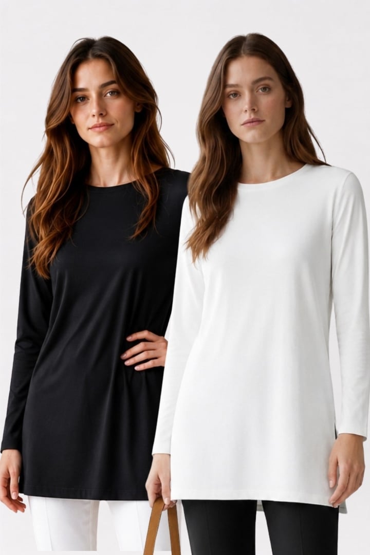 Premium Viskon Uzun Tunik 2'li Paket-Siyah-Beyaz