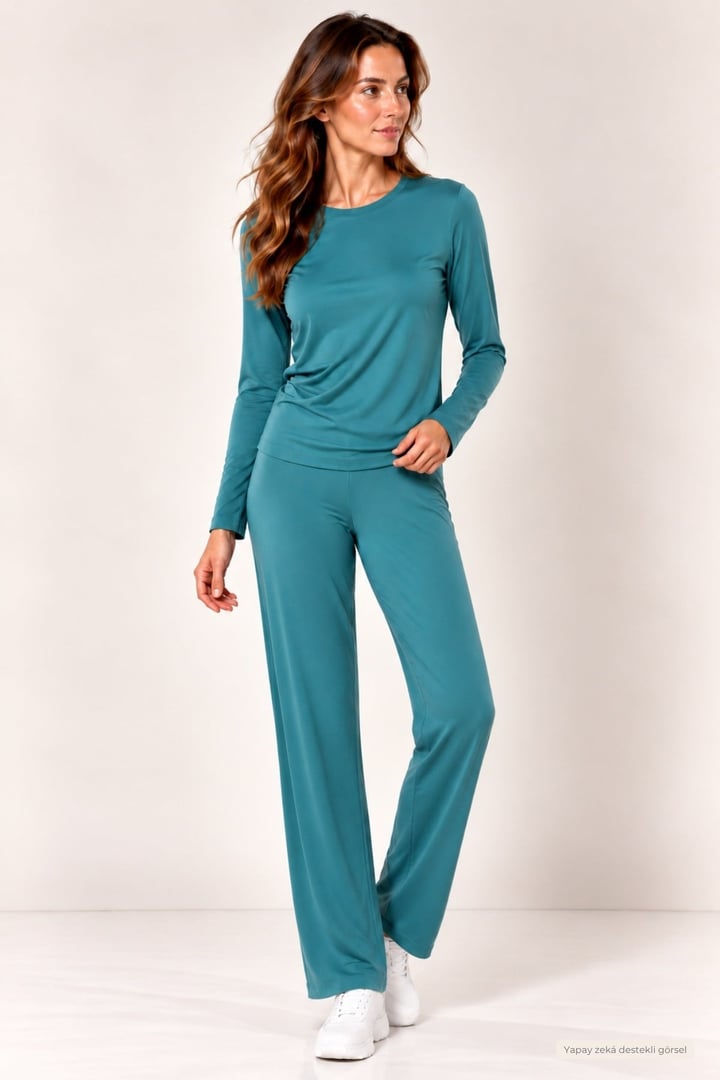 Kadın Viskon Tişört & Pantolon Takım-Petrol Yeşil