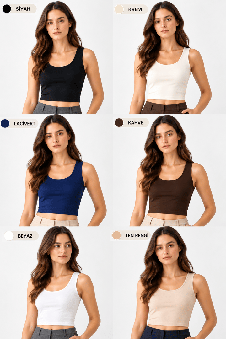 Crop Askılı Atlet 6'lı Set Siyah-Beyaz-Lacivert-Kahverengi-Krem-Ten Rengi
