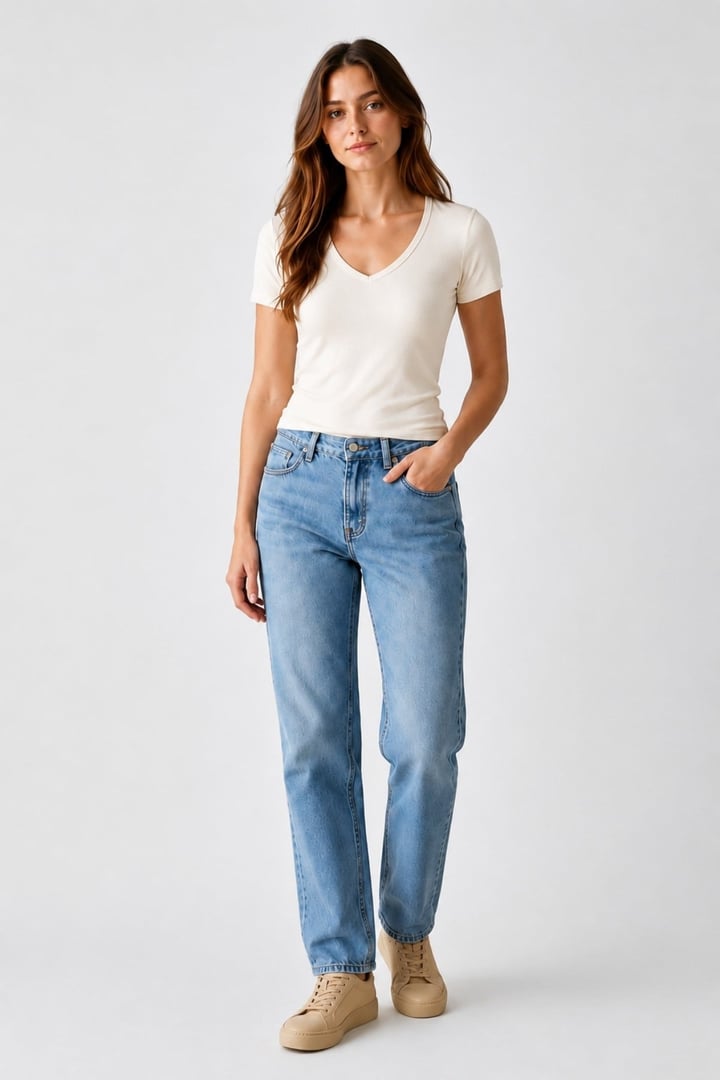 V Yaka Slim Fit Crop Tişört-Ekru